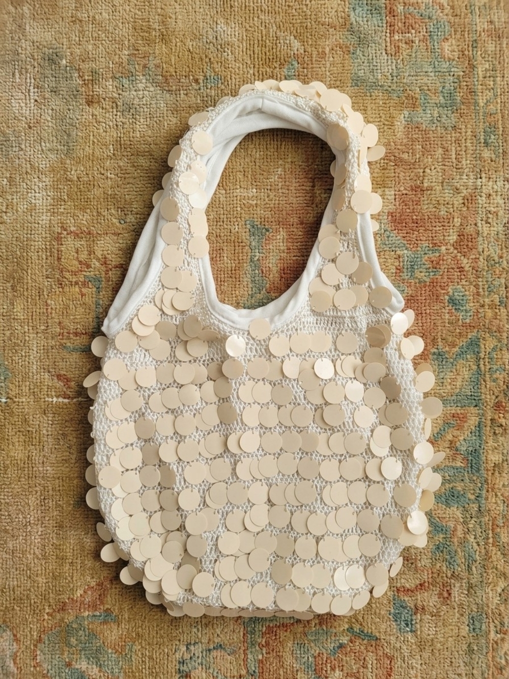 Cream Sequin Circle Tote Bag with Soft Handle